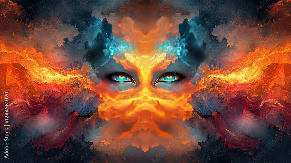 Fiery abstract art displaying mystical eyes digital creation cosmic environment surreal concept