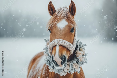 Brown horse decorated with a floral wreath stands in a snowy landscape during winter, surrounded by falling snowflakes photo