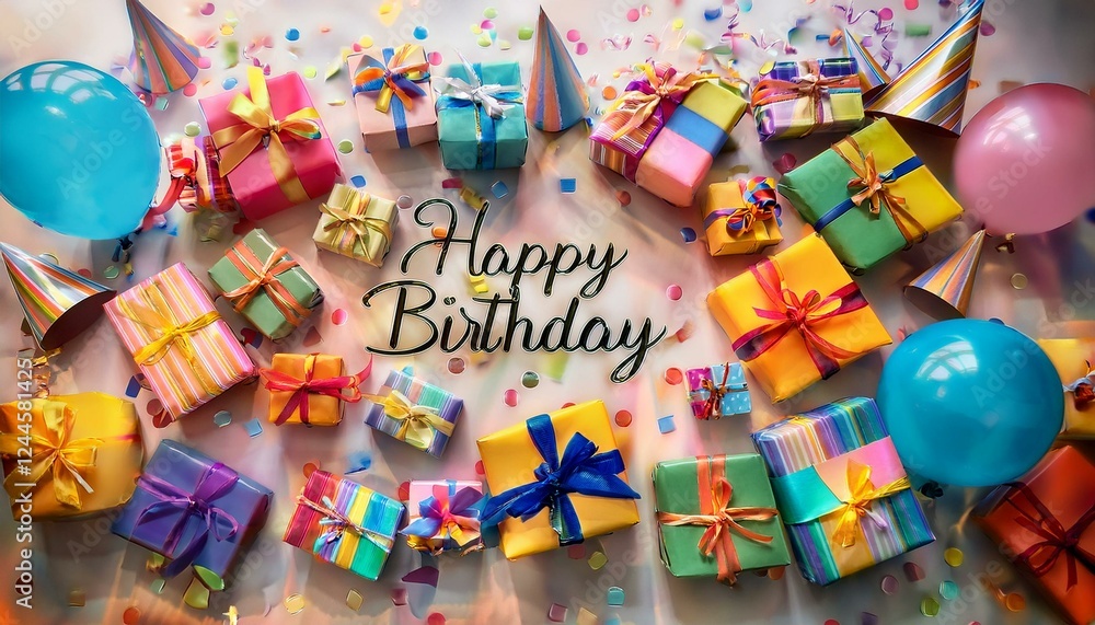 Obraz premium カラフルな誕生日プレゼントとバルーンが彩るハッピーバースデー