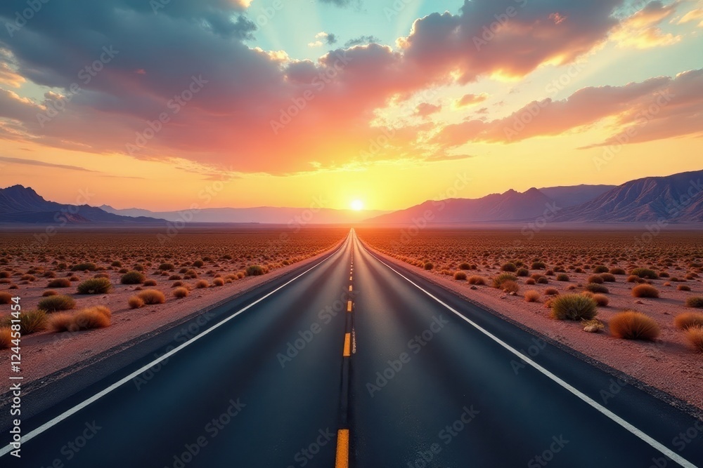 Fototapeta premium Endless highway stretching across arid Arizona plain under vast sky , Southwest, Arizona