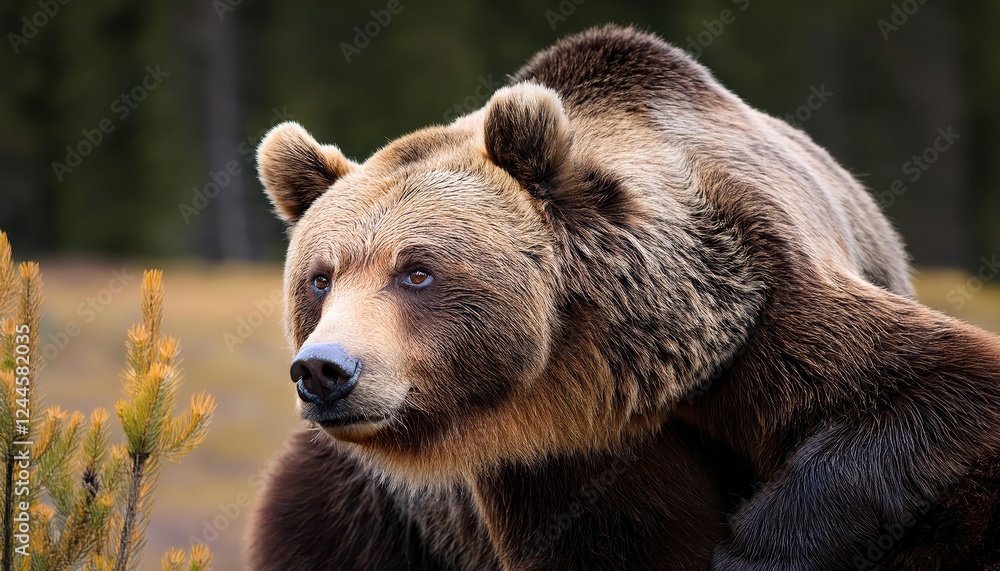Powerful Grizzly Bear Strolling through a Frosty Alaskan Forest in Early Morning Light, Showcasing Majestic Wilderness and the Beauty of Natures Predator Powerful Grizzly Bear Strolling through a Frosty Alaskan Forest in Early Morning Light, Showcasing Majestic Wilderness and the Beauty of Natures Predator