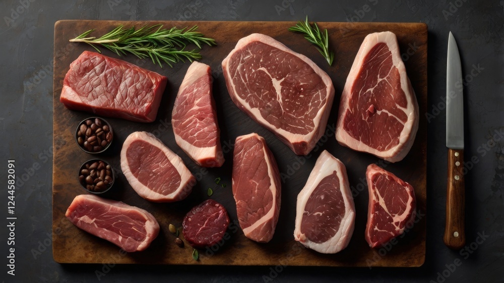 Artisanal Meat Cuts: A Flat Lay Top-Down View of Premium Raw Steaks on a Textured Gray Stone Table with Rustic Accents Artisanal Meat Cuts: A Flat Lay Top-Down View of Premium Raw Steaks on a Textured Gray Stone Table with Rustic Accents