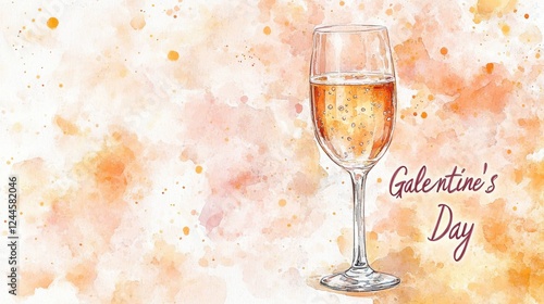 Galentine's Day celebration illustration featuring a champagne flute with a bubbly drink against a pink watercolor background and festive typography.