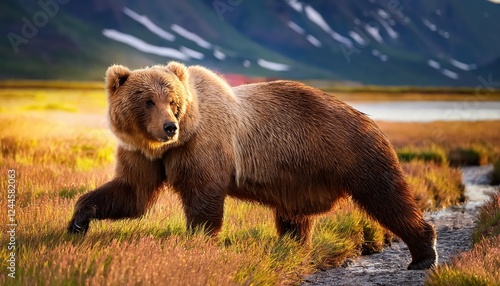 Majestic Grizzly Bear Strolling Through the Alaskan Wilderness at Katmai National Park, Showcasing a Powerful and Majestic Mammal in its Natural Habitat, Capturing the Essence of Alaskas Iconic photo