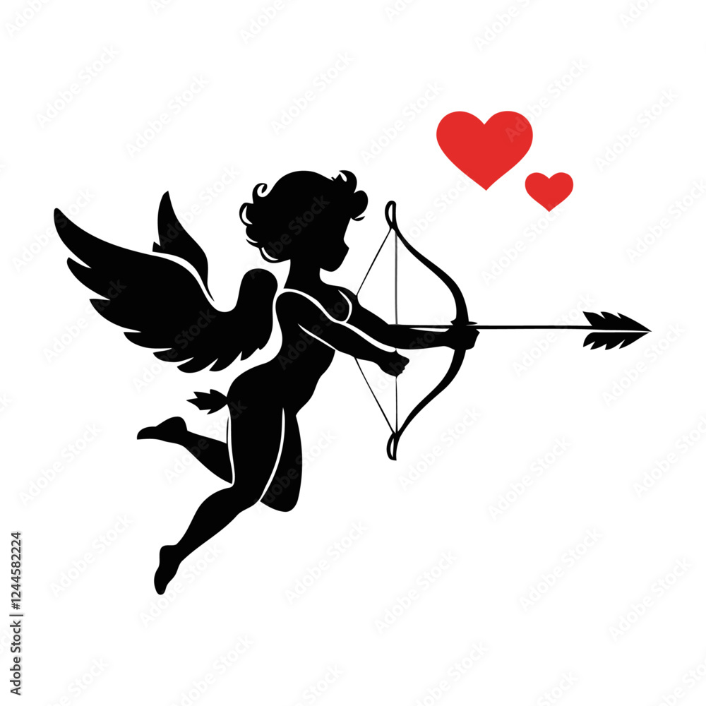 Fototapeta premium Cupid's Arrow: A classic silhouette of Cupid, the winged god of love, aiming his arrow towards hearts, symbolizing the universal language of romance and affection. 