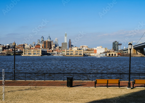 View of the Philadelphia Pennsylvana skyline seen from the Wiggins Park Promenade on the Camden New Jersey side odf the Delaware River