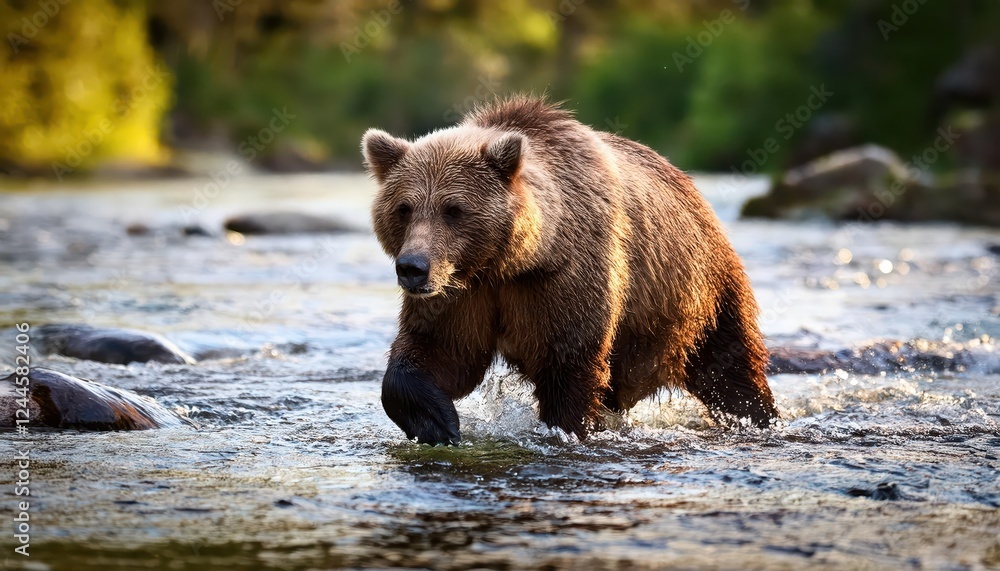 Powerful Grizzly Bear Navigating a Frosty Alaskan Riverbank, Seeking Salmon Against the Backdrop of a Wintery Sunrise Powerful Grizzly Bear Navigating a Frosty Alaskan Riverbank, Seeking Salmon Against the Backdrop of a Wintery Sunrise