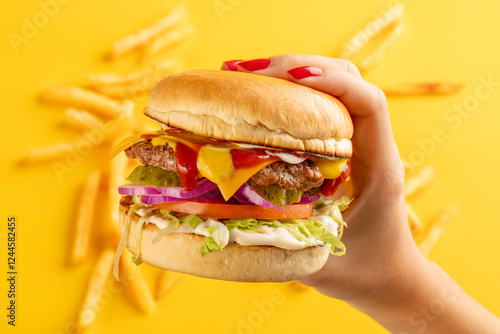 Woman hand with red nails holding a big hamburger on yellow background.