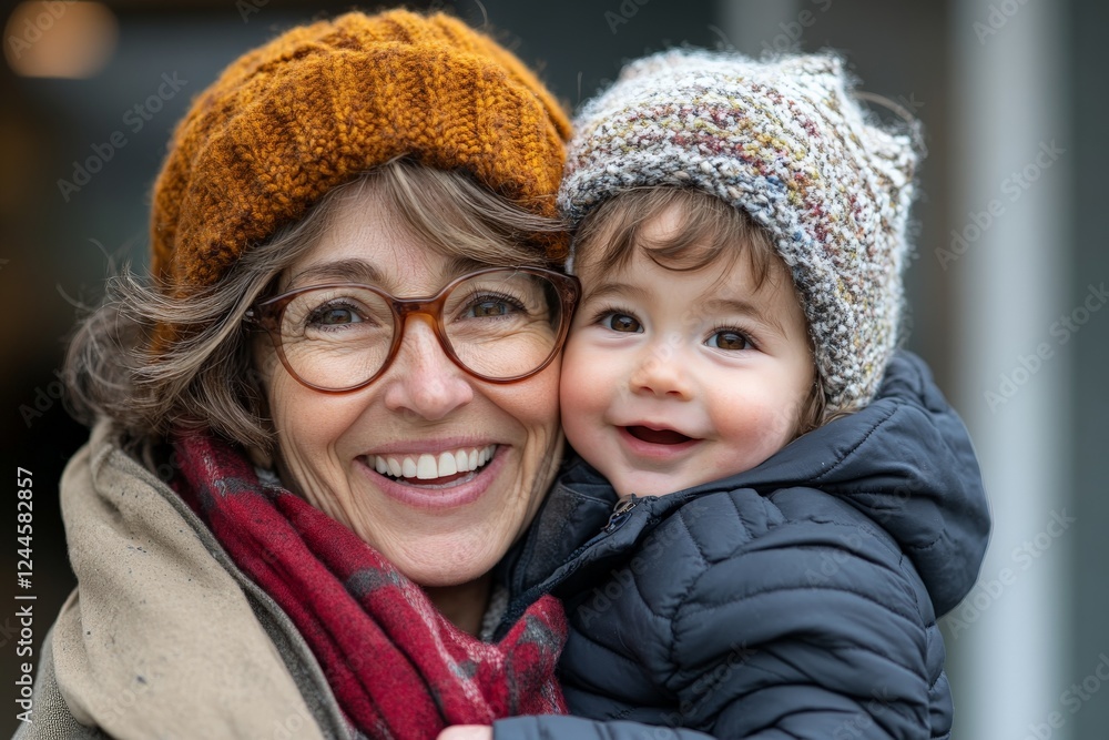 Elderly woman and toddler smiling joyfully outdoors in cozy winter attire with warm hats on a chilly day Elderly woman and toddler smiling joyfully outdoors in cozy winter attire with warm hats on a chilly day
