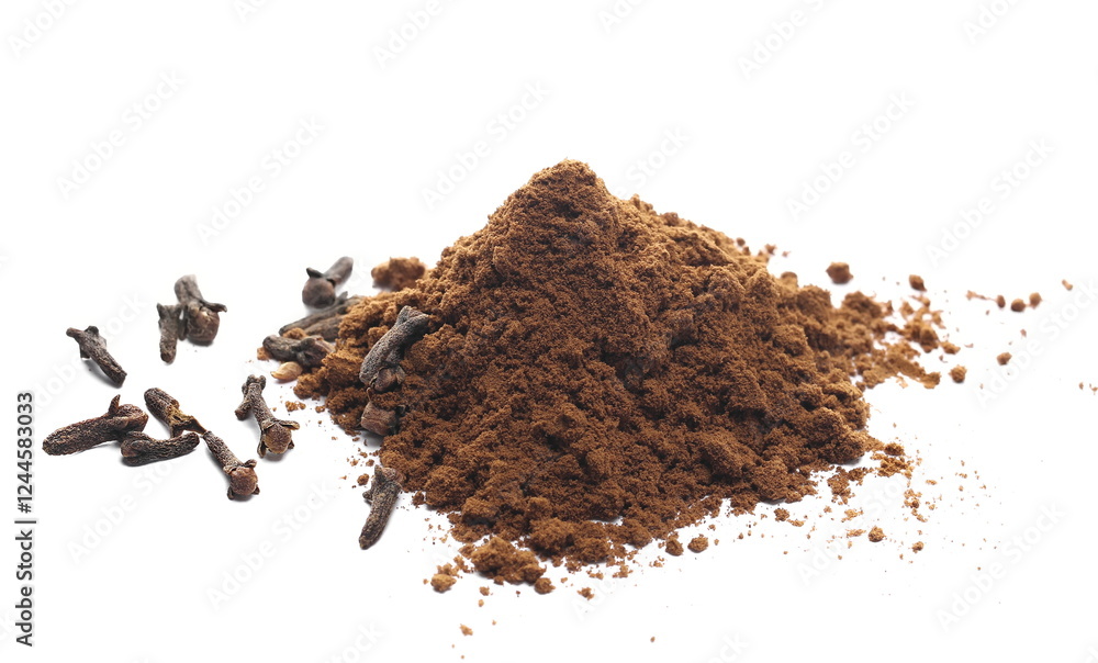 Clove powder pile and dry buds isolated on white background, side view Clove powder pile and dry buds isolated on white background, side view