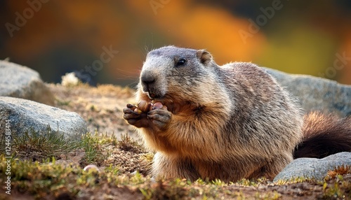 Adorable Groundhog Nibbling on Acorns Against a Gloomy Winter Backdrop, Showcasing the Cozy Textures and Earthy Tones of the Forest Floor photo