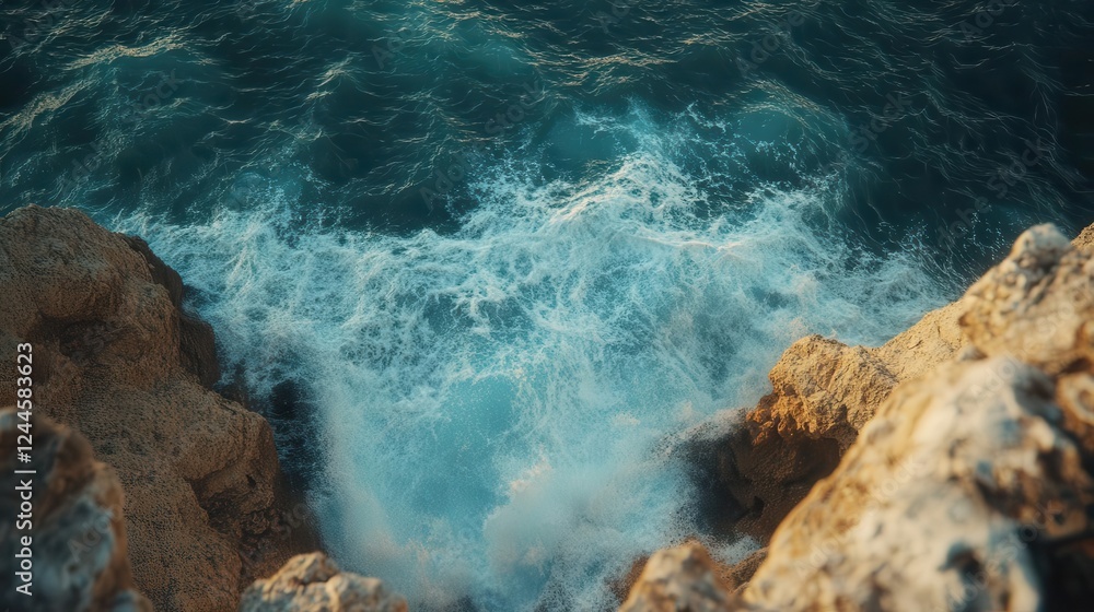 Obraz premium Rocky cliffs by the sea, close-up of rugged cliffs and crashing waves, dramatic lighting