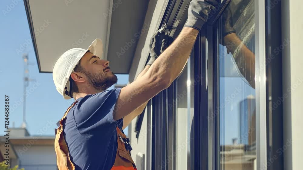 Professional window cleaner safely maneuvering tall building exteriors Professional window cleaner safely maneuvering tall building exteriors