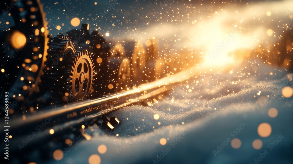 Naklejka premium Steampunk-inspired city with snow-covered gears and pipes, avalanche rolling down from mechanical mountains, warm vintage tones