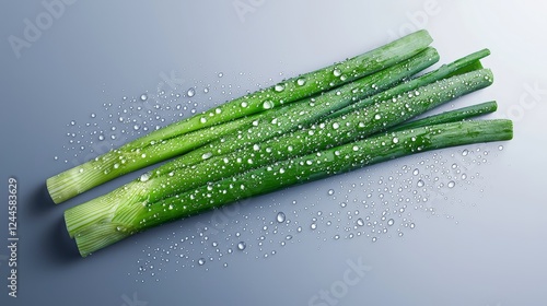 Leek with water droplets, illuminated on white background for a fresh and vibrant feel, modern food photography