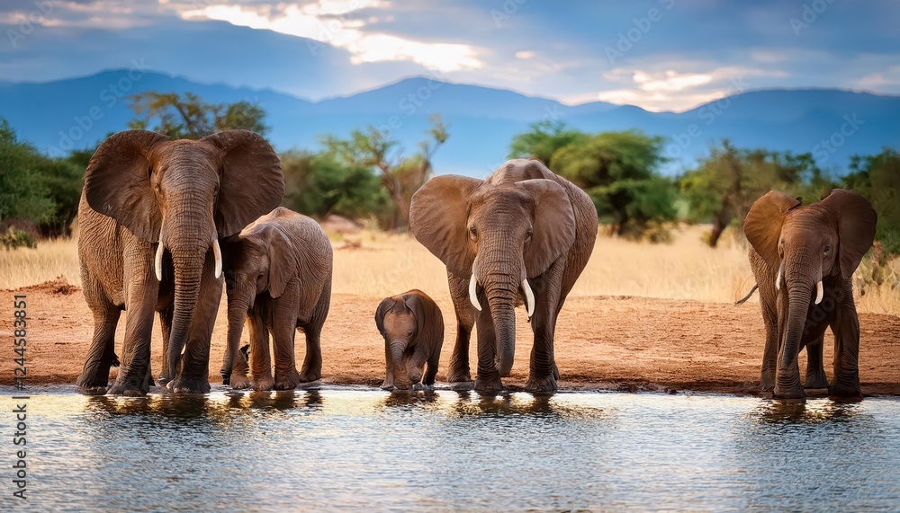 Mesmerizing Gathering of Elephants at a Bustling Watering Hole in the Heart of Africas Savannah, with a Playful Baby Elephant Joining the Group at Dawn. Mesmerizing Gathering of Elephants at a Bustling Watering Hole in the Heart of Africas Savannah, with a Playful Baby Elephant Joining the Group at Dawn.