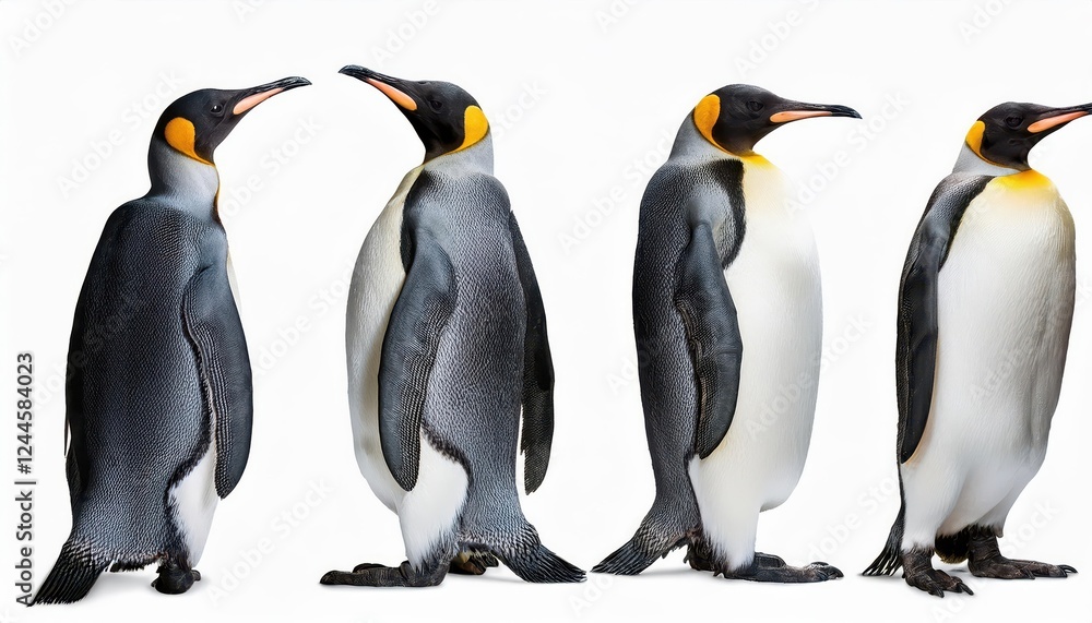 Fototapeta premium Four Striking Emperor Penguins Stand in Dramatic Isolation Against a Backdrop of Pristine Snow and Azure Icebergs, Capturing the Frozen Majesty of Antarcticas Chilling Beauty.