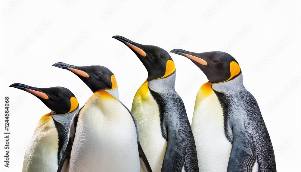 Fototapeta premium Striking Portrait of Four Regal Emperor Penguins Against a White Backdrop, Capturing the Majesty and Solitude of the Antarctic