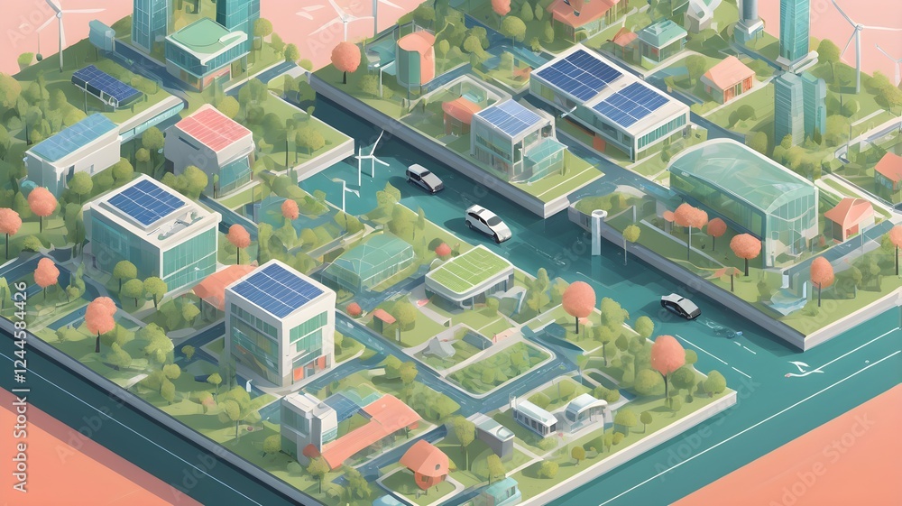 Isometric cityscape showcasing solar energy, wind power, and eco-transport, designed for ESG, startups, and educational use. 8K AI-generated flat vector art. Isometric cityscape showcasing solar energy, wind power, and eco-transport, designed for ESG, startups, and educational use. 8K AI-generated flat vector art.