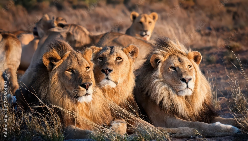 Majestic Pride Roaming the Serengeti Savannah Bold Lion Cubs and Their Protectors, Grazing in the Golden Grasslands Under the African Sky, Evoking a Sense of Wild Wonderment and Adventure. Majestic Pride Roaming the Serengeti Savannah Bold Lion Cubs and Their Protectors, Grazing in the Golden Grasslands Under the African Sky, Evoking a Sense of Wild Wonderment and Adventure.