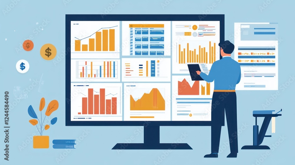 Man analyzes data charts on large screen in office; use for business reports and presentations Man analyzes data charts on large screen in office; use for business reports and presentations