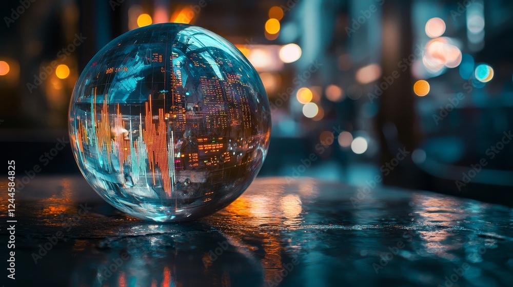 Close-up of a crystal sphere glowing with projected stock data and candlestick charts inside, symbolizing market forecasting Close-up of a crystal sphere glowing with projected stock data and candlestick charts inside, symbolizing market forecasting