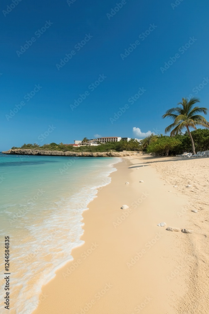 Golden sand beach meets crystal clear turquoise water in a serene tropical paradise, with a luxury hotel nestled among lush greenery Golden sand beach meets crystal clear turquoise water in a serene tropical paradise, with a luxury hotel nestled among lush greenery