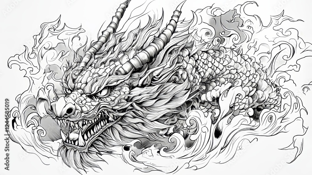 Fierce dragon head with detailed whiskers and horns, surrounded by waves and flames, bold line tattoo design Fierce dragon head with detailed whiskers and horns, surrounded by waves and flames, bold line tattoo design