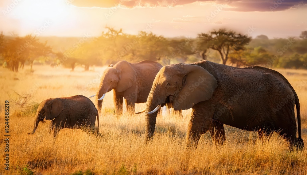 Striking Herd of Elephants Illuminated in Savannahs Spectacular Lighting, Family Gathered in Aweinspiring Steppe Scenery at Dusk Striking Herd of Elephants Illuminated in Savannahs Spectacular Lighting, Family Gathered in Aweinspiring Steppe Scenery at Dusk