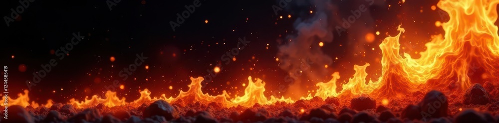 Fototapeta premium Realistic fire explosion, glowing embers & smoke trails on black, background, burning, detail
