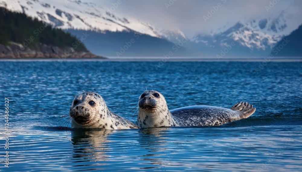 Obraz premium Enchanting Harbor Seal Encounter Bold and Majestic Seal Gazes into Resurrection Bay Against the Backdrop of SnowCapped Mountains in Kenai Fjords National Park, Alaska.