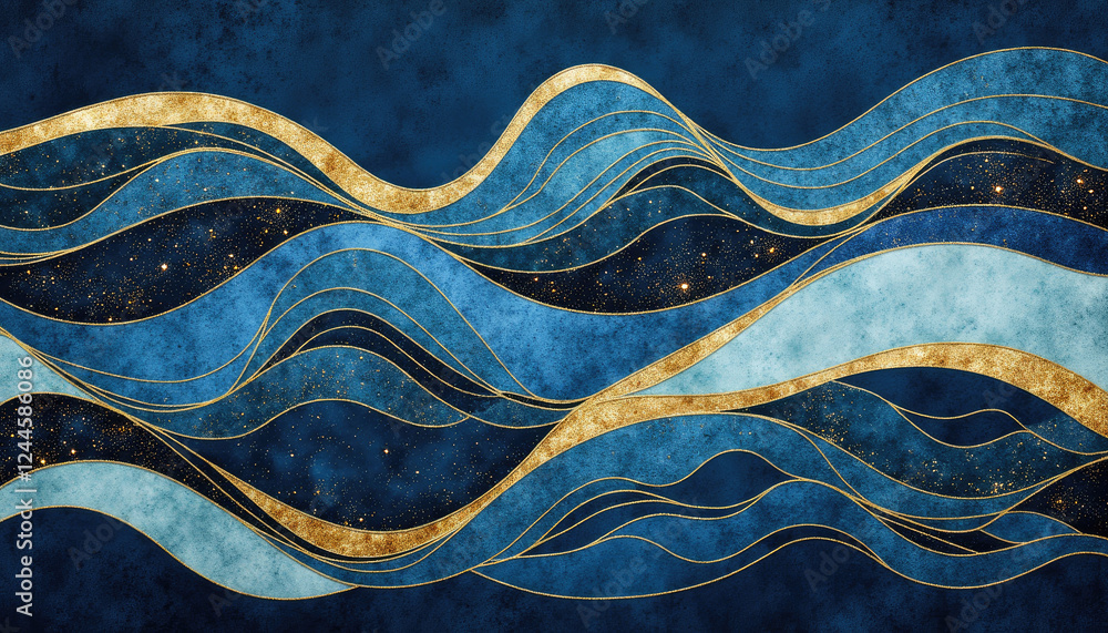 Luxurious golden waves undulating over deep blue background, artistic elegance Luxurious golden waves undulating over deep blue background, artistic elegance