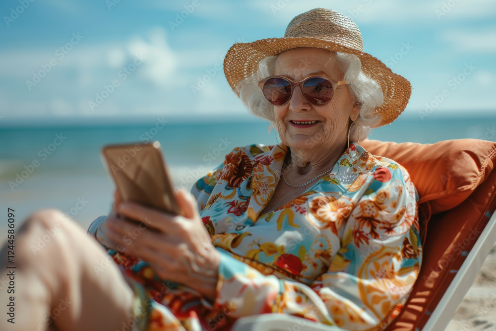 Fototapeta premium Grandmother relaxing on a sun lounger at the beach while using her smartphone on a sunny day