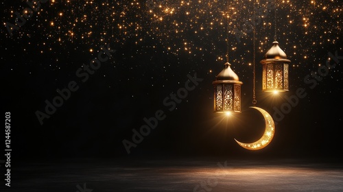 ramadan glowing lanterns and crescent moon with starry night background