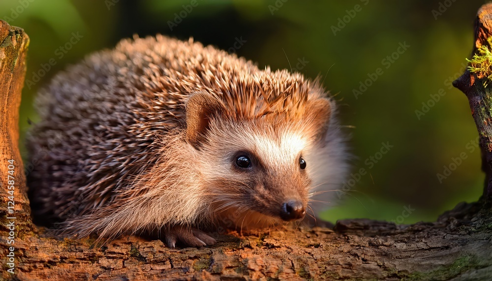Fototapeta premium Enchanting Hedgehog Snuggling in a Vibrant Pile of Autumn Leaves Surrounded by Majestic Fall Trees, Creating a Cozy Scene Filled with Warmth and Tranquility.