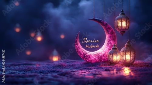 ramadan mubarak magical night with crescent moon and lanterns