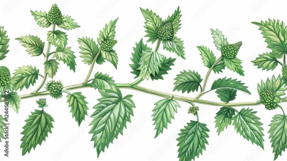Beautiful illustration of nettles stem in watercolor, perfect for herbal packaging and botanical labels. Beautiful illustration of nettles stem in watercolor, perfect for herbal packaging and botanical labels.