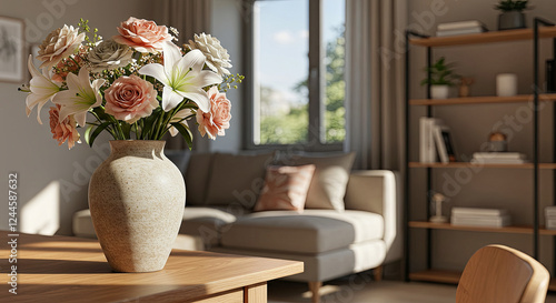 Modern Living Room with a Ceramic Vase and Fresh Flowers