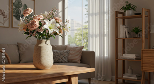 Modern Living Room with a Ceramic Vase and Fresh Flowers