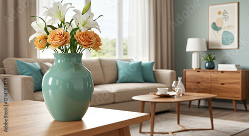 Modern Living Room with an Aqua Green Vase and Fresh Flowers