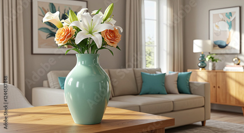 Modern Living Room with an Aqua Green Vase and Fresh Flowers