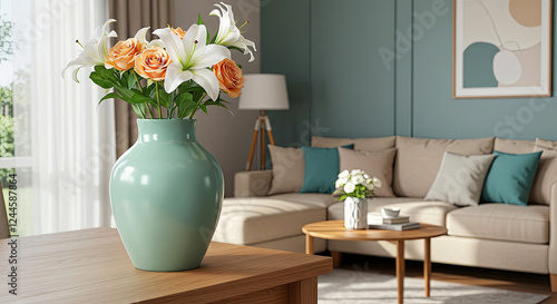 Modern Living Room with an Aqua Green Vase and Fresh Flowers