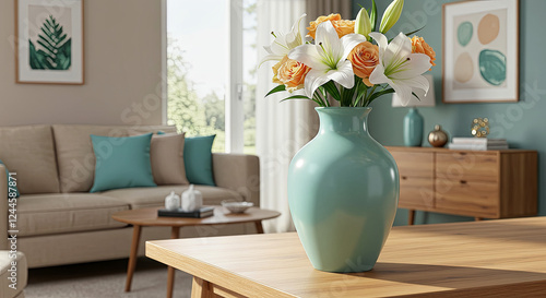 Modern Living Room with an Aqua Green Vase and Fresh Flowers