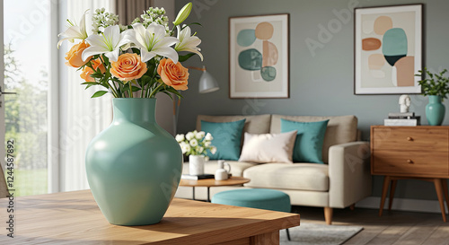 Modern Living Room with an Aqua Green Vase and Fresh Flowers