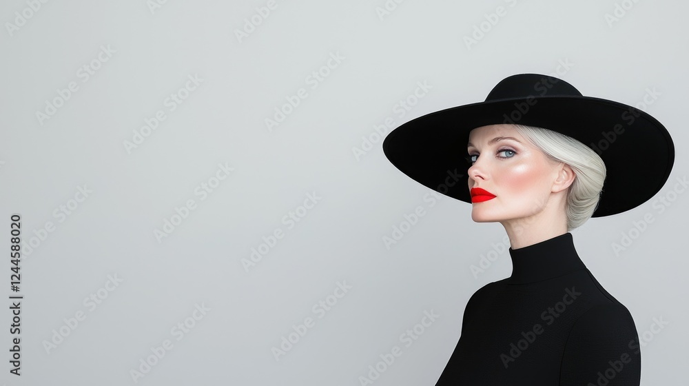 Elegant woman, black hat, studio, grey background, fashion Elegant woman, black hat, studio, grey background, fashion