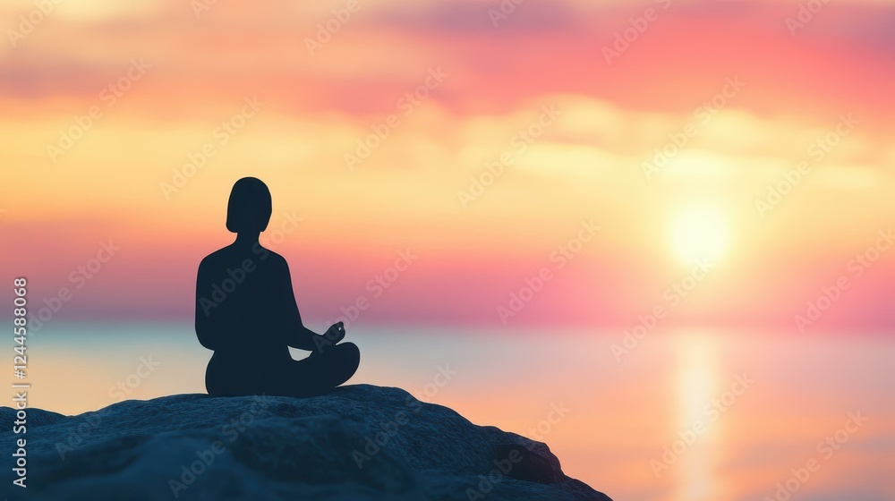 A serene figure rests on a rock, bathed in warm sunset light, surrounded by a blurred, tranquil landscape. A serene figure rests on a rock, bathed in warm sunset light, surrounded by a blurred, tranquil landscape.