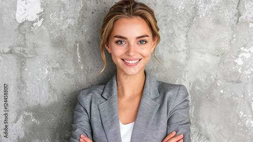 A strong businesswoman exudes confidence in a stylish modern office with grayblue accents, showcasing her professionalism. photo