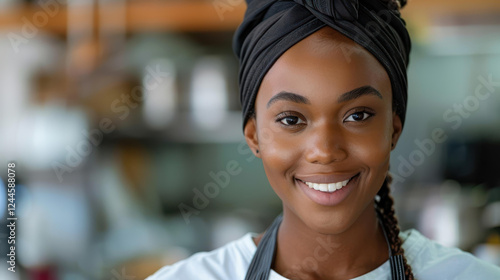 A joyful African American female chef skillfully crafts delicious dishes in a vibrant restaurant kitchen.
