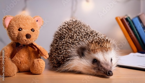 Cute and Cozy Study Room Shared by a Hedgehog and a Teddy Bear A Whimsical Scene of Creature Comfort Amidst Modern Furnishings, Showcasing Soft Textures and Inviting Ambiance. photo