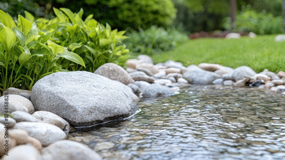 Obraz premium Serene garden stream, rocks, plants, lawn background; landscaping design